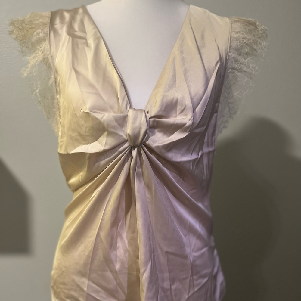 Express Silk-Look Ivory Tie-Front Lace Cap Sleeve Top